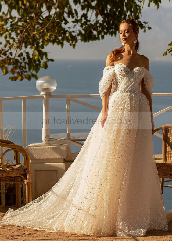 Off Shoulder Ivory Polka Dots Tulle Vintage Wedding Dress
